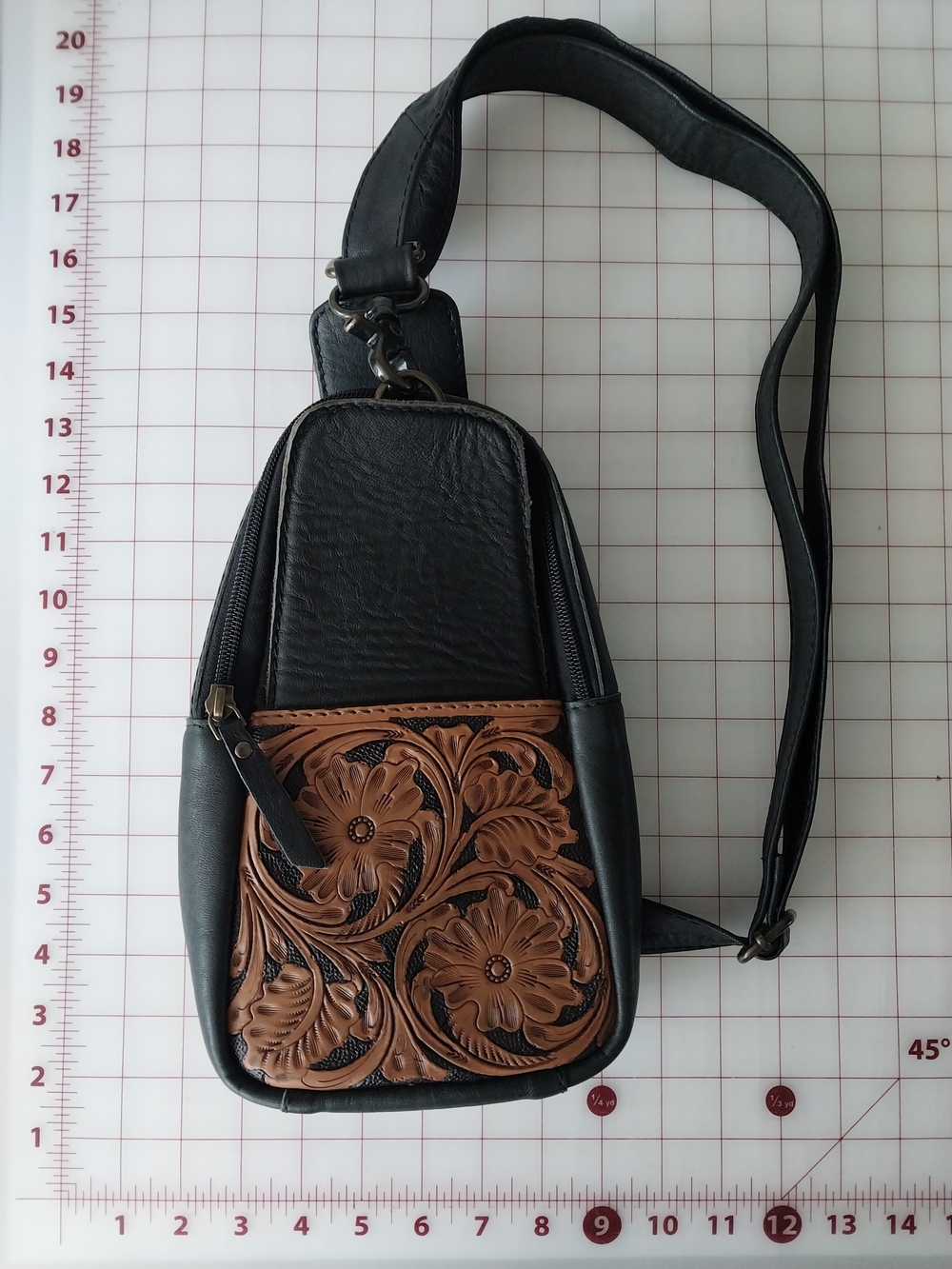 American Darling Black Crossbody Bag with Brown Floral Tooled Panel
